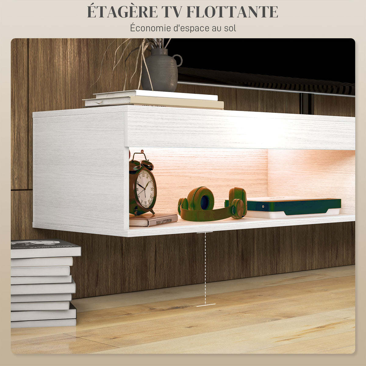 Meuble TV suspendu mural avec éclairage LED pour téléviseurs jusqu'à 75 pouces, étagères, 180L x 40l x 30H cm, blanc