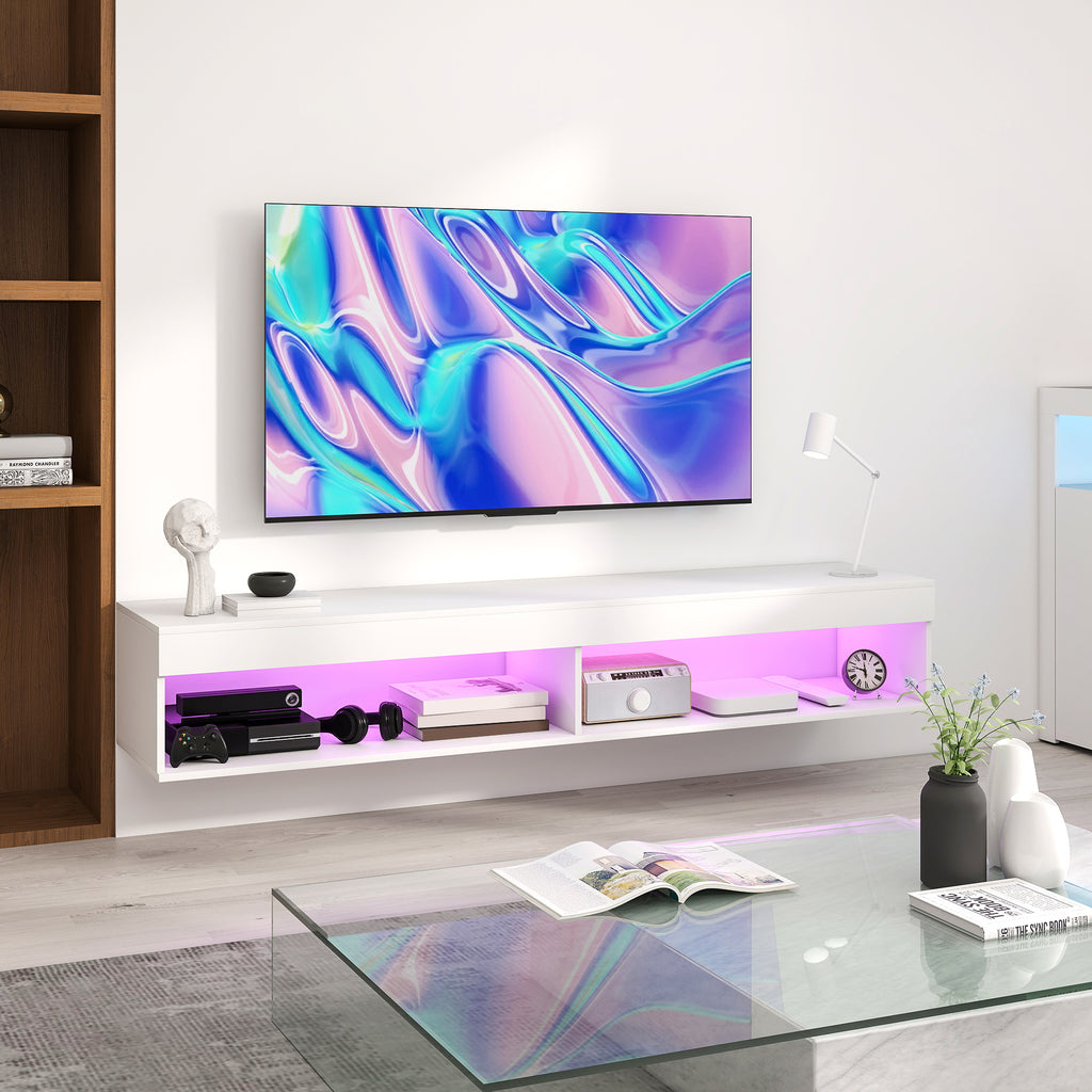 Meuble TV suspendu mural avec éclairage LED pour téléviseurs jusqu'à 75 pouces, étagères, 180L x 40l x 30H cm, blanc