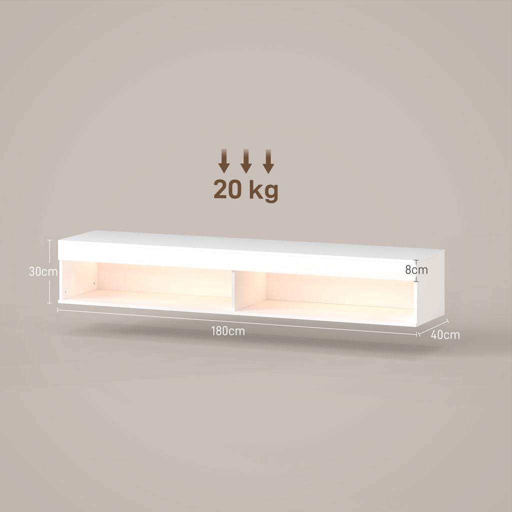 Meuble TV suspendu mural avec éclairage LED pour téléviseurs jusqu'à 75 pouces, étagères, 180L x 40l x 30H cm, blanc