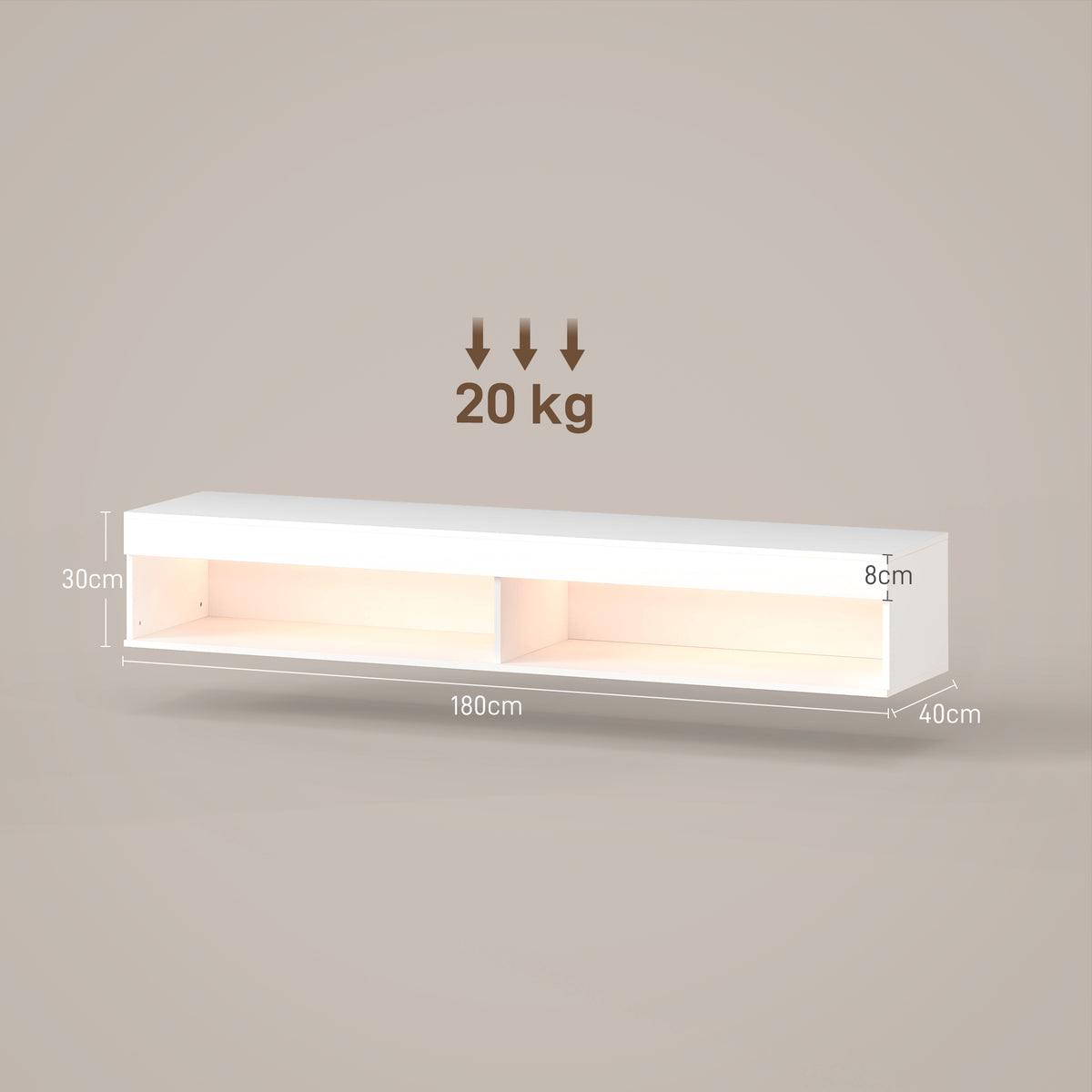 Meuble TV suspendu mural avec éclairage LED pour téléviseurs jusqu'à 75 pouces, étagères, 180L x 40l x 30H cm, blanc