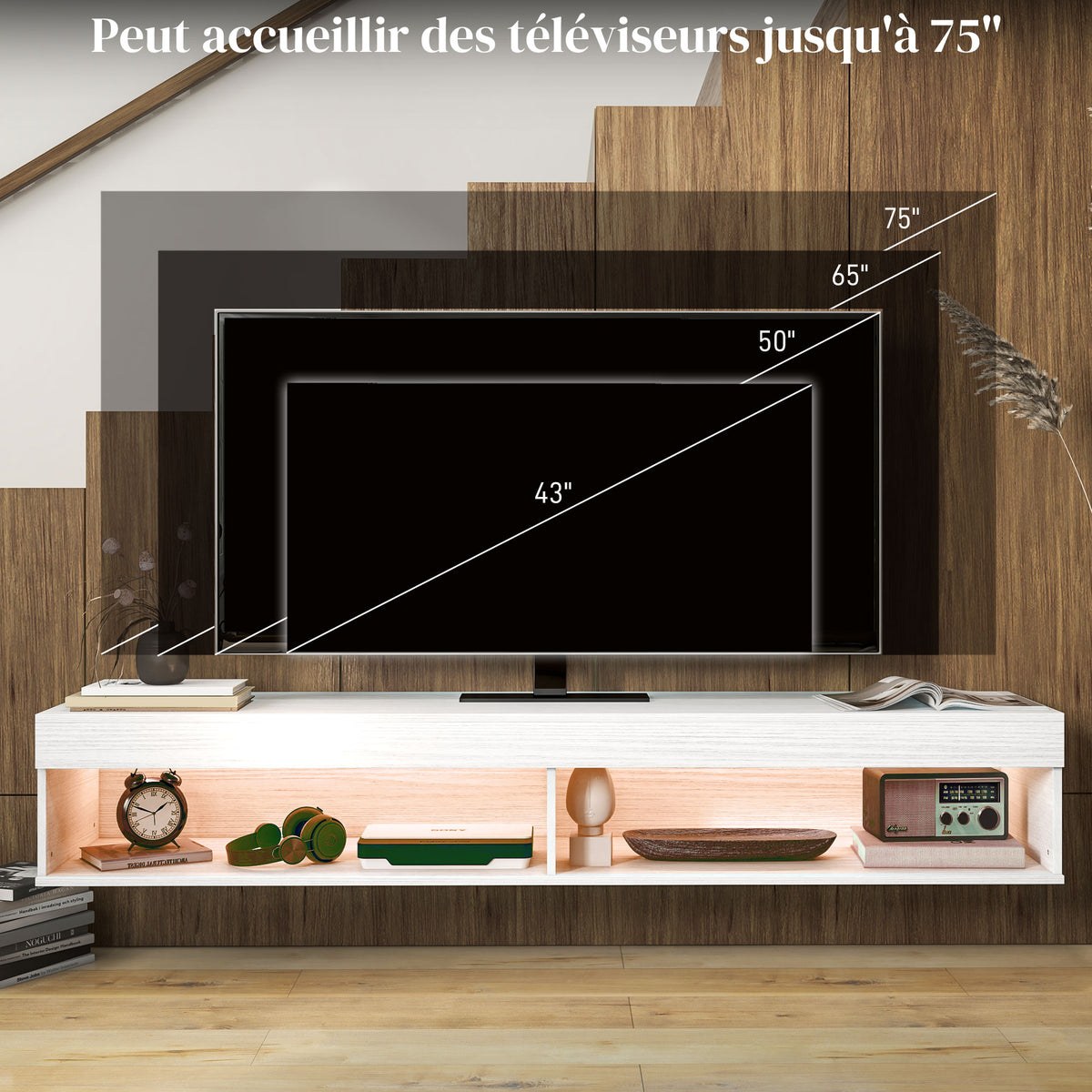 Meuble TV suspendu mural avec éclairage LED pour téléviseurs jusqu'à 75 pouces, étagères, 180L x 40l x 30H cm, blanc