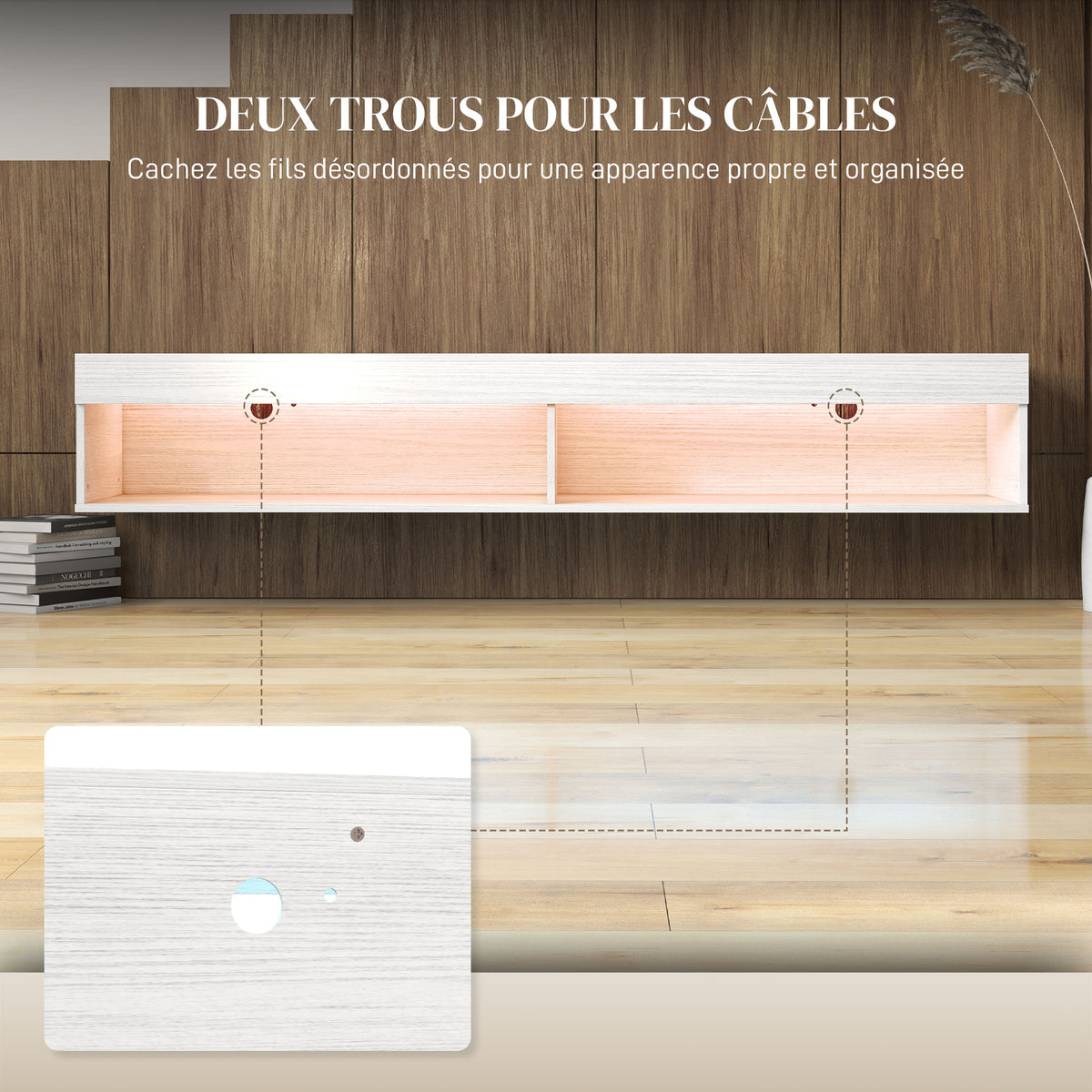 Meuble TV suspendu mural avec éclairage LED pour téléviseurs jusqu'à 75 pouces, étagères, 180L x 40l x 30H cm, blanc