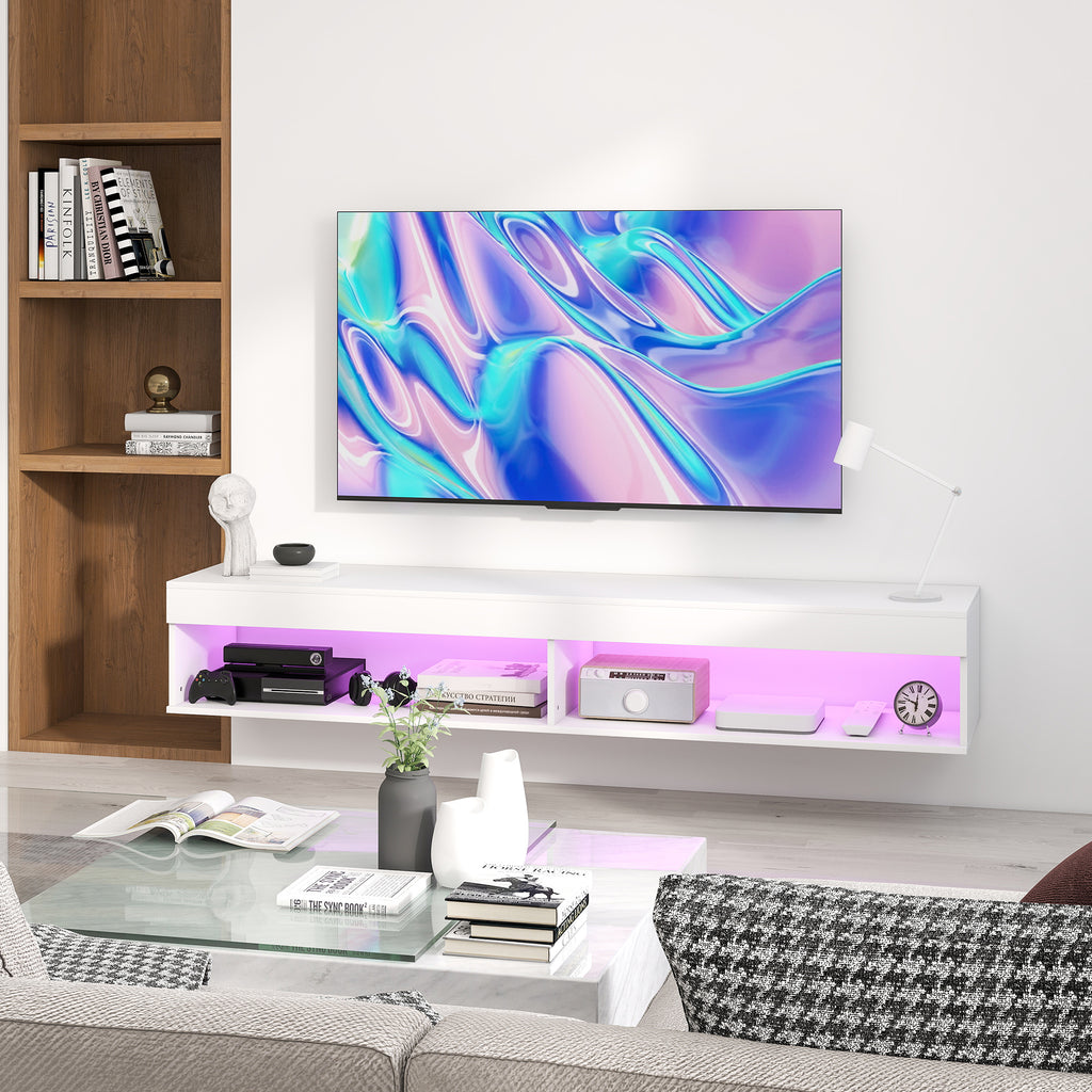 Meuble TV suspendu mural avec éclairage LED pour téléviseurs jusqu'à 75 pouces, étagères, 180L x 40l x 30H cm, blanc