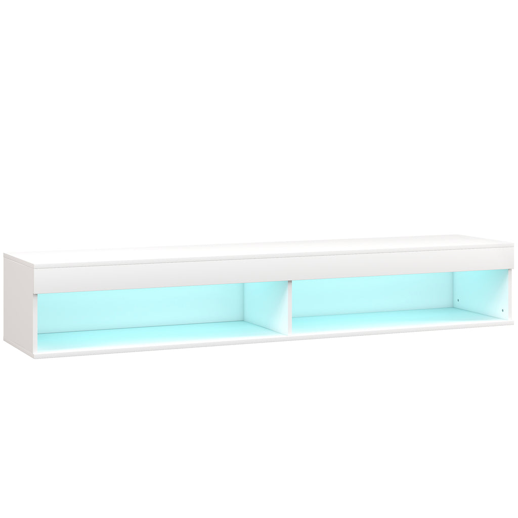 Meuble TV suspendu mural avec éclairage LED pour téléviseurs jusqu'à 75 pouces, étagères, 180L x 40l x 30H cm, blanc