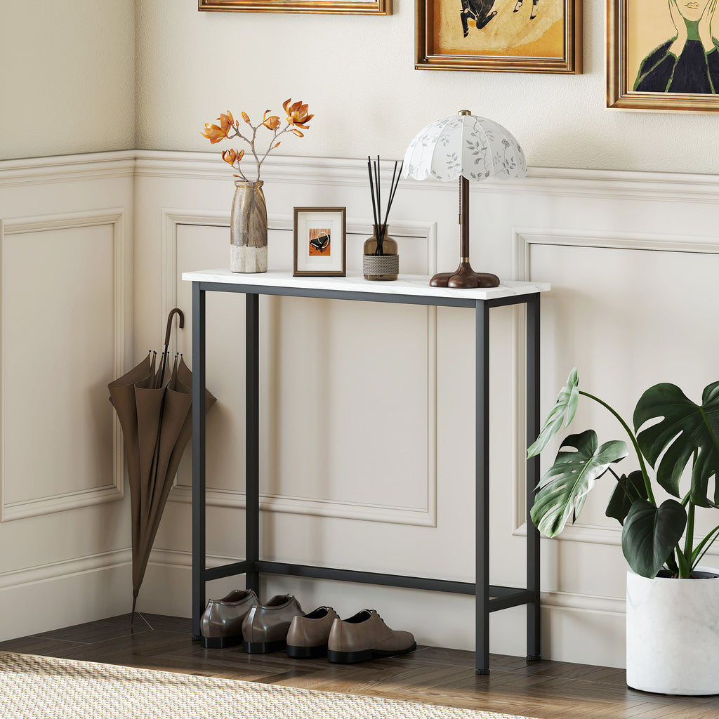 Console meuble 75 cm, table console plateaux en effet marbre, cadre en métal, style moderne blanc et noir