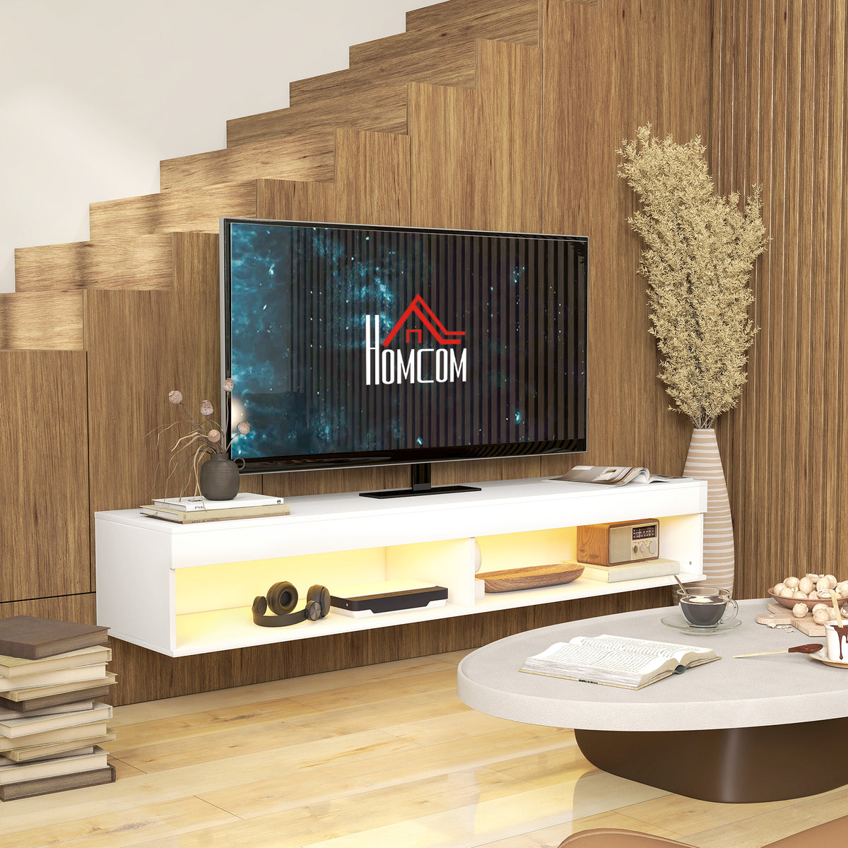 Meuble TV suspendu mural avec éclairage LED pour téléviseurs jusqu'à 75 pouces, étagères, 180L x 40l x 30H cm, blanc