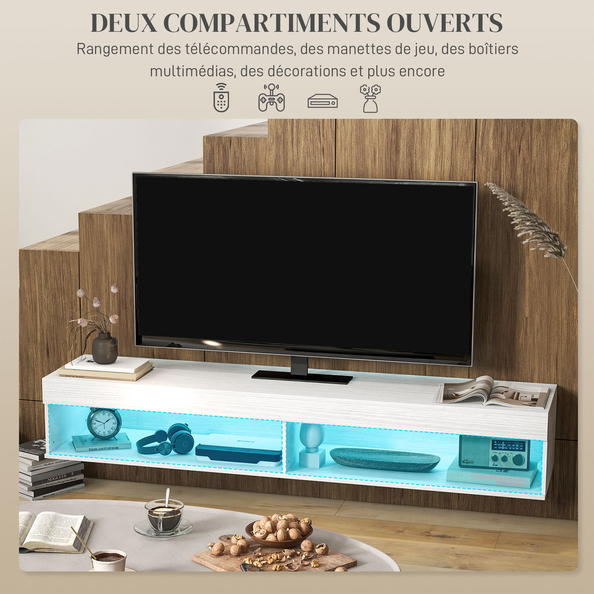 Meuble TV suspendu mural avec éclairage LED pour téléviseurs jusqu'à 75 pouces, étagères, 180L x 40l x 30H cm, blanc